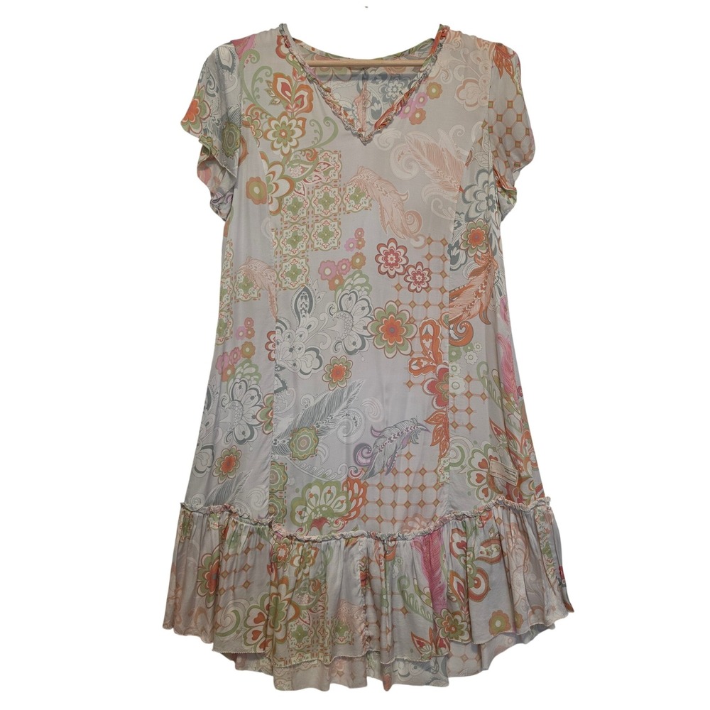 Odd Molly Boho Paisley Floral Patchwork Ruffle V-Neck Tunic Dress Multi Size 2 M